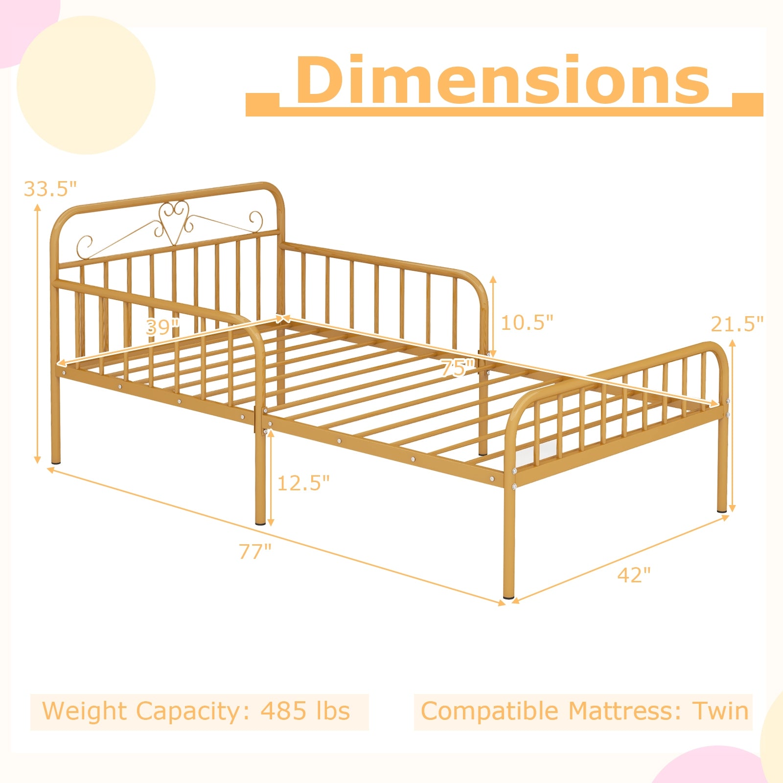 Twin Size Bed Frame with Headboard and Safety Side Guardrails, Gold Simple Bed Frame at Gallery Canada