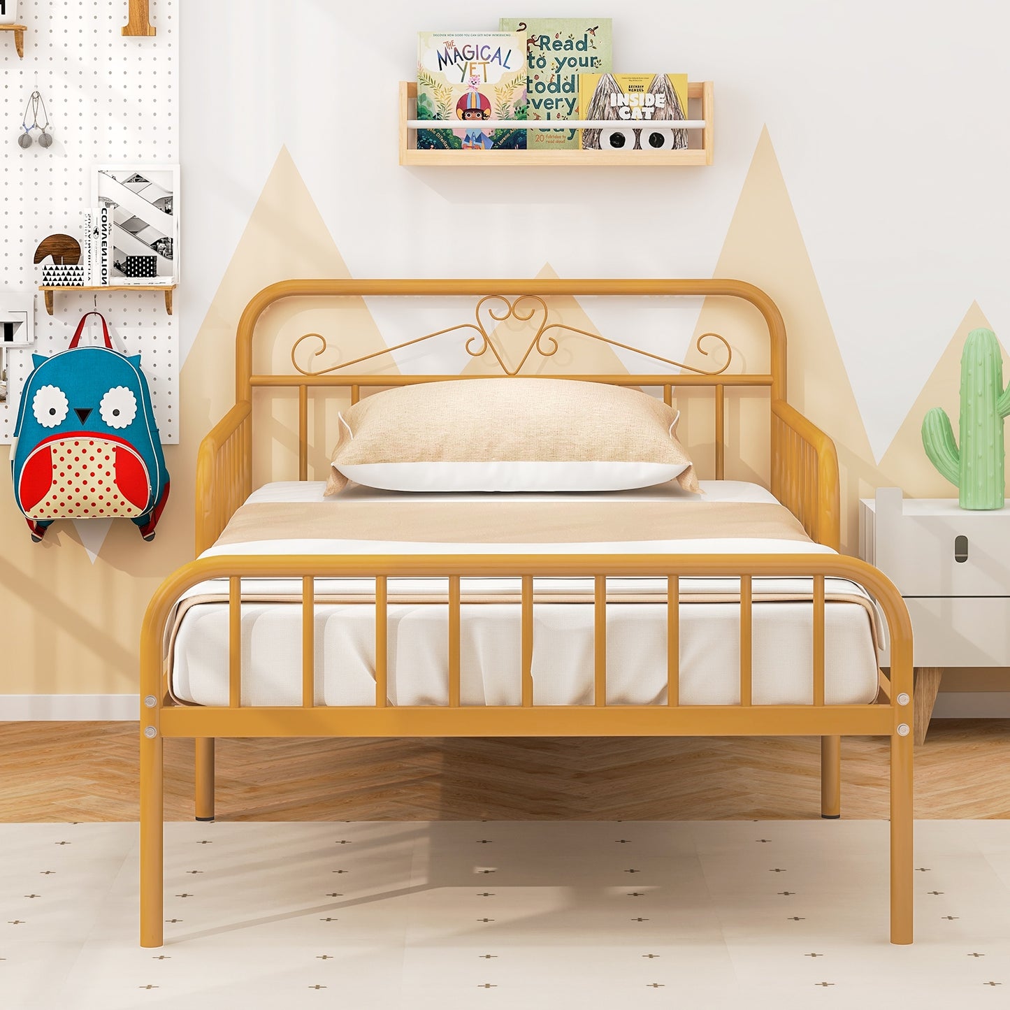 Twin Size Bed Frame with Headboard and Safety Side Guardrails, Gold Simple Bed Frame at Gallery Canada