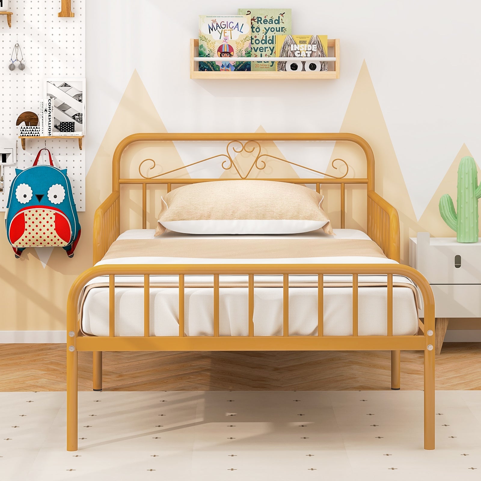Twin Size Bed Frame with Headboard and Safety Side Guardrails, Gold Simple Bed Frame at Gallery Canada