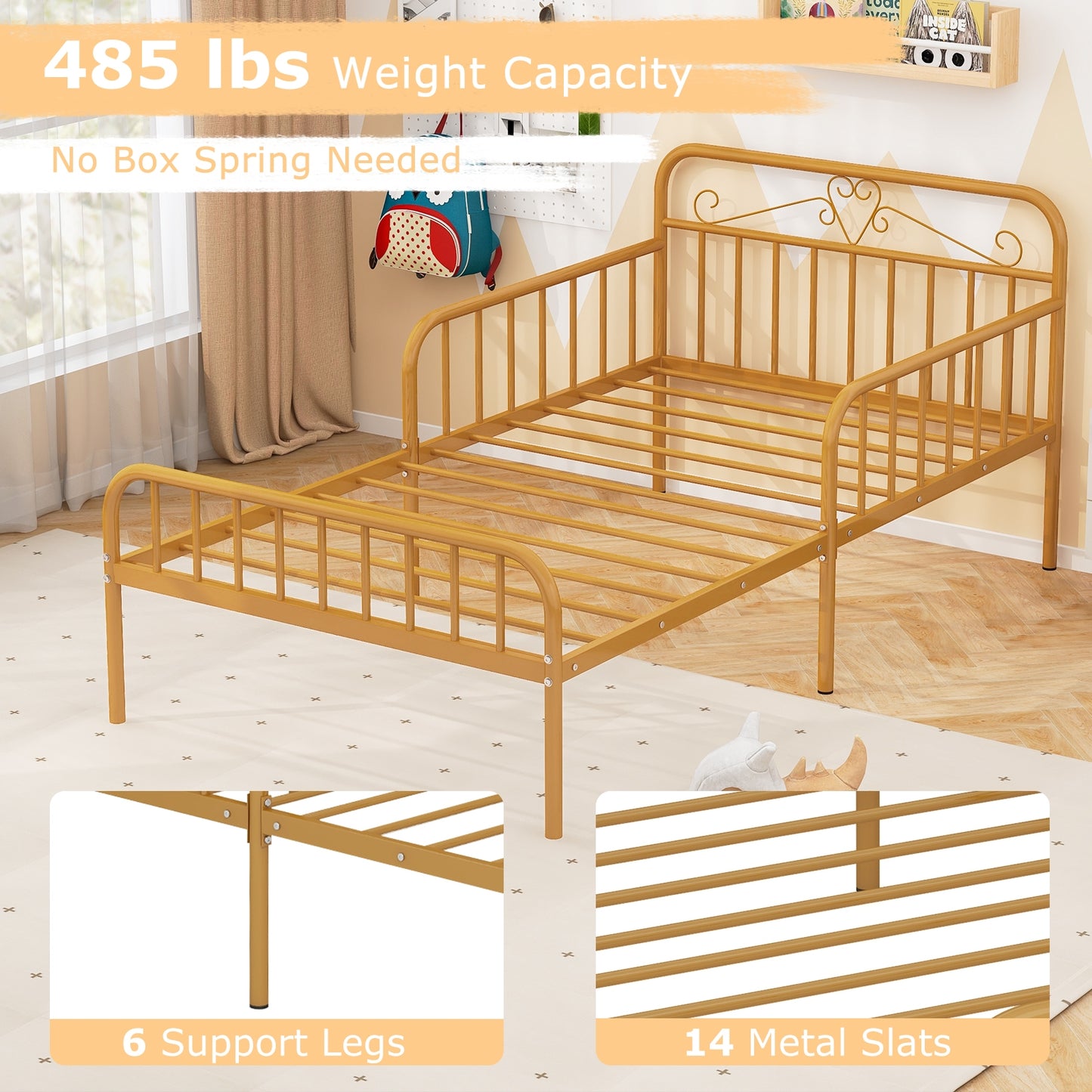 Twin Size Bed Frame with Headboard and Safety Side Guardrails, Gold Simple Bed Frame at Gallery Canada
