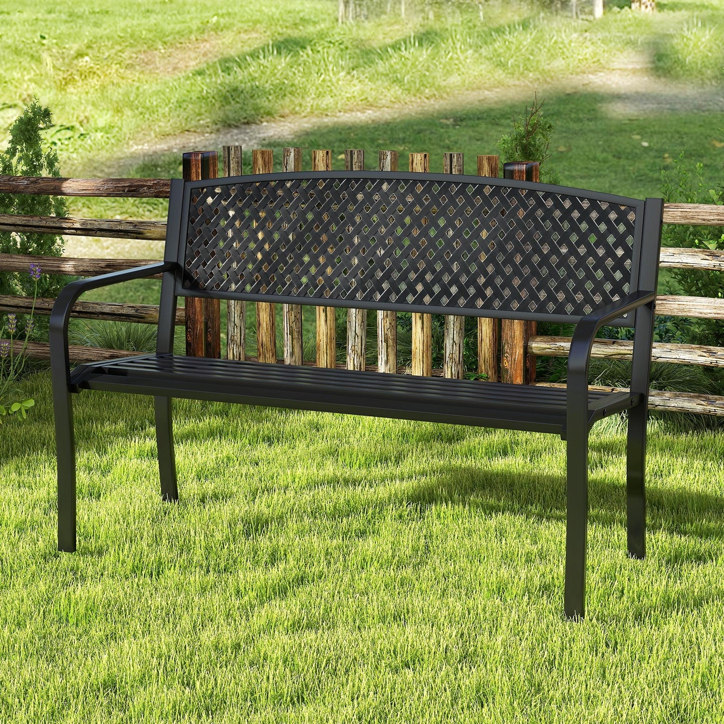 Metal Outdoor Bench with High Back for 2-3-Person Patio Bench, Black Outdoor Benches at Gallery Canada