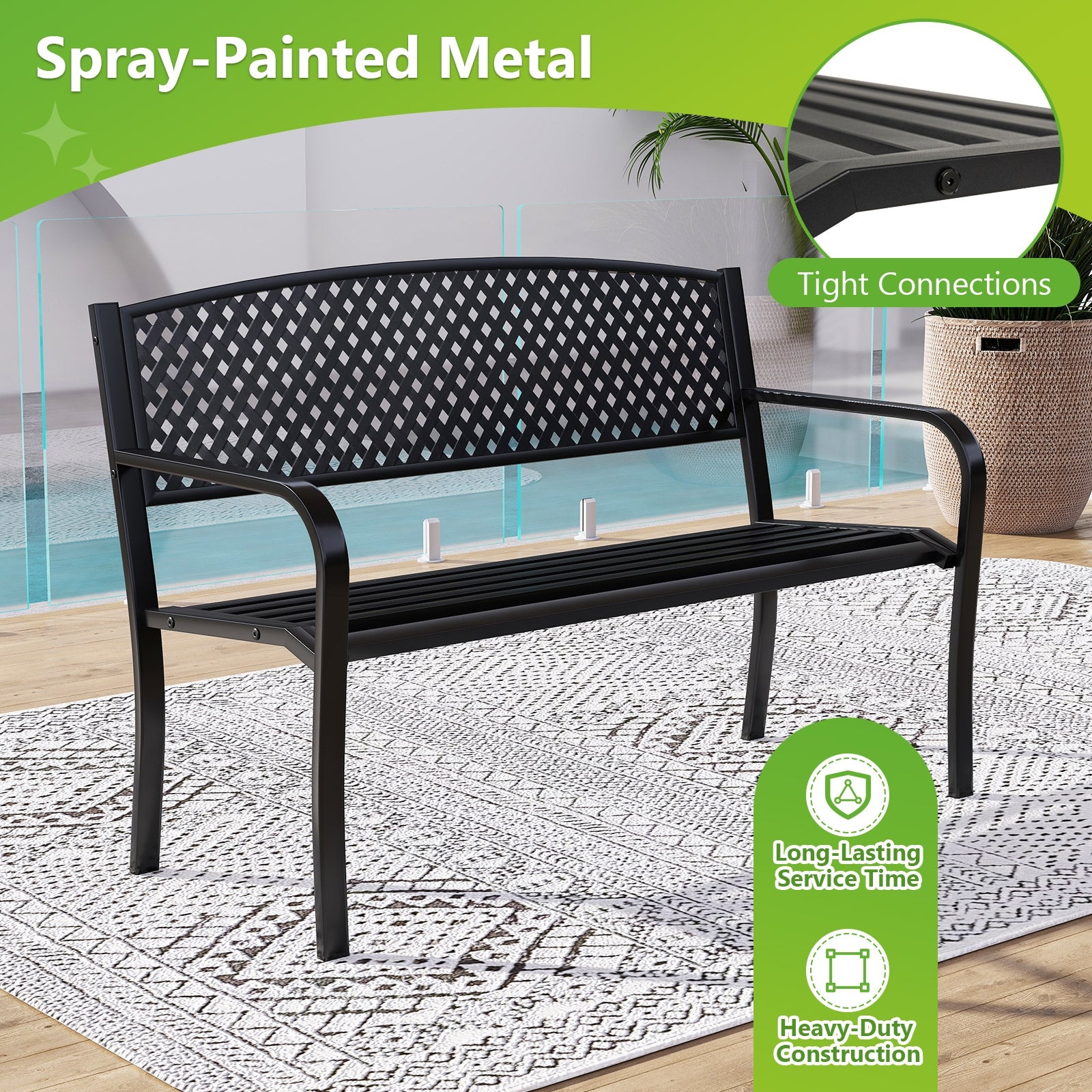Metal Outdoor Bench with High Back for 2-3-Person Patio Bench, Black Outdoor Benches at Gallery Canada