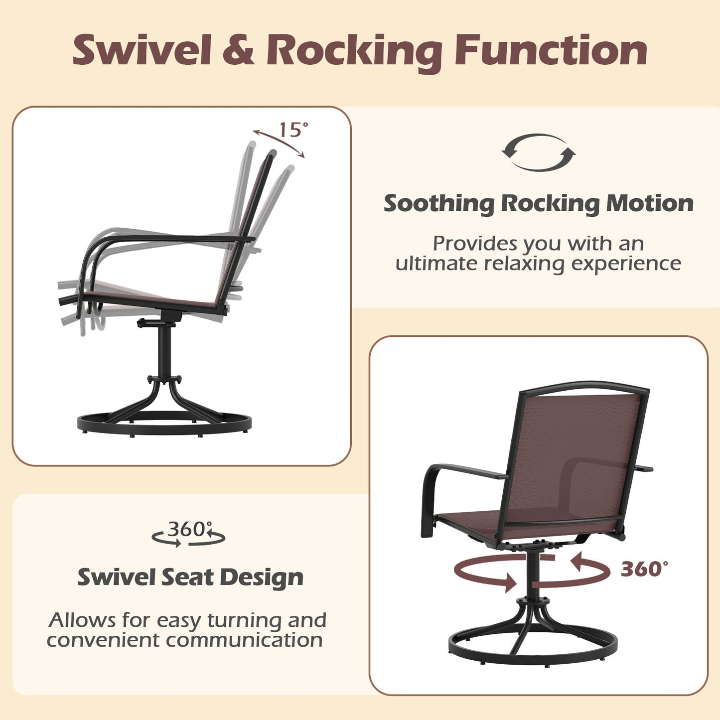 Outdoor Swivel Chairs Set of 2 with High Back and Breathable Seat, Coffee Patio Rocking Chairs & Gliders at Gallery Canada