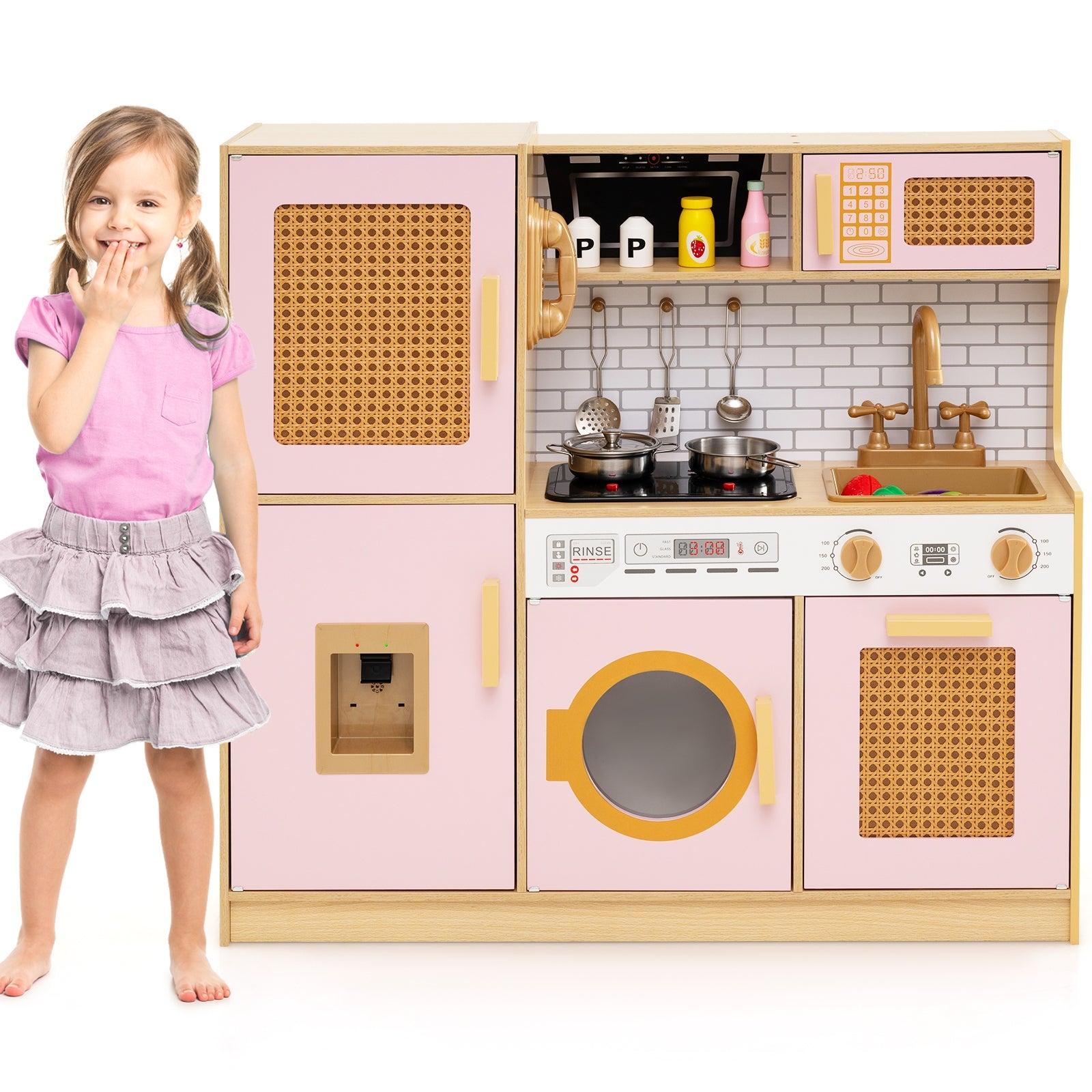 Kids Wooden Kitchen Playset with Realistic Lights and Sounds, Pink Play Kitchen Sets at Gallery Canada
