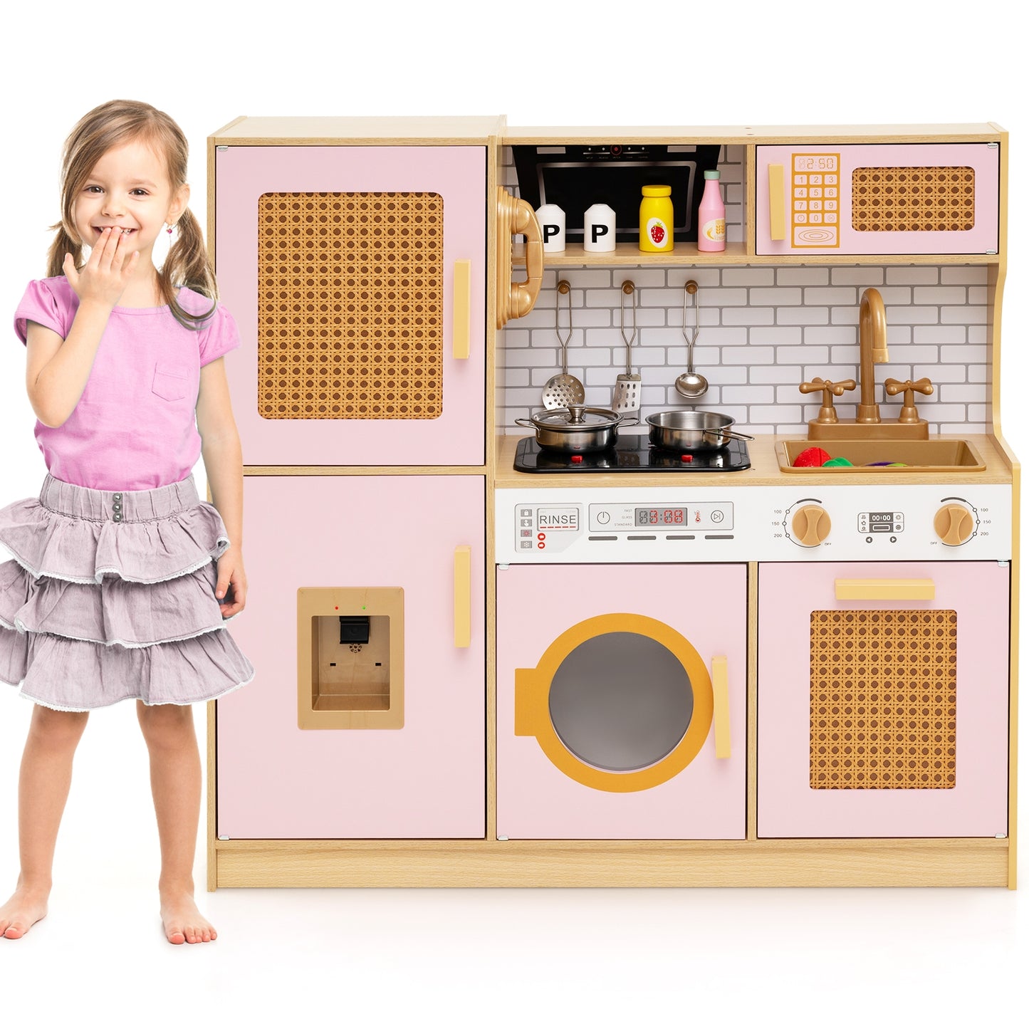 Kids Wooden Kitchen Playset with Realistic Lights and Sounds, Pink Play Kitchen Sets at Gallery Canada