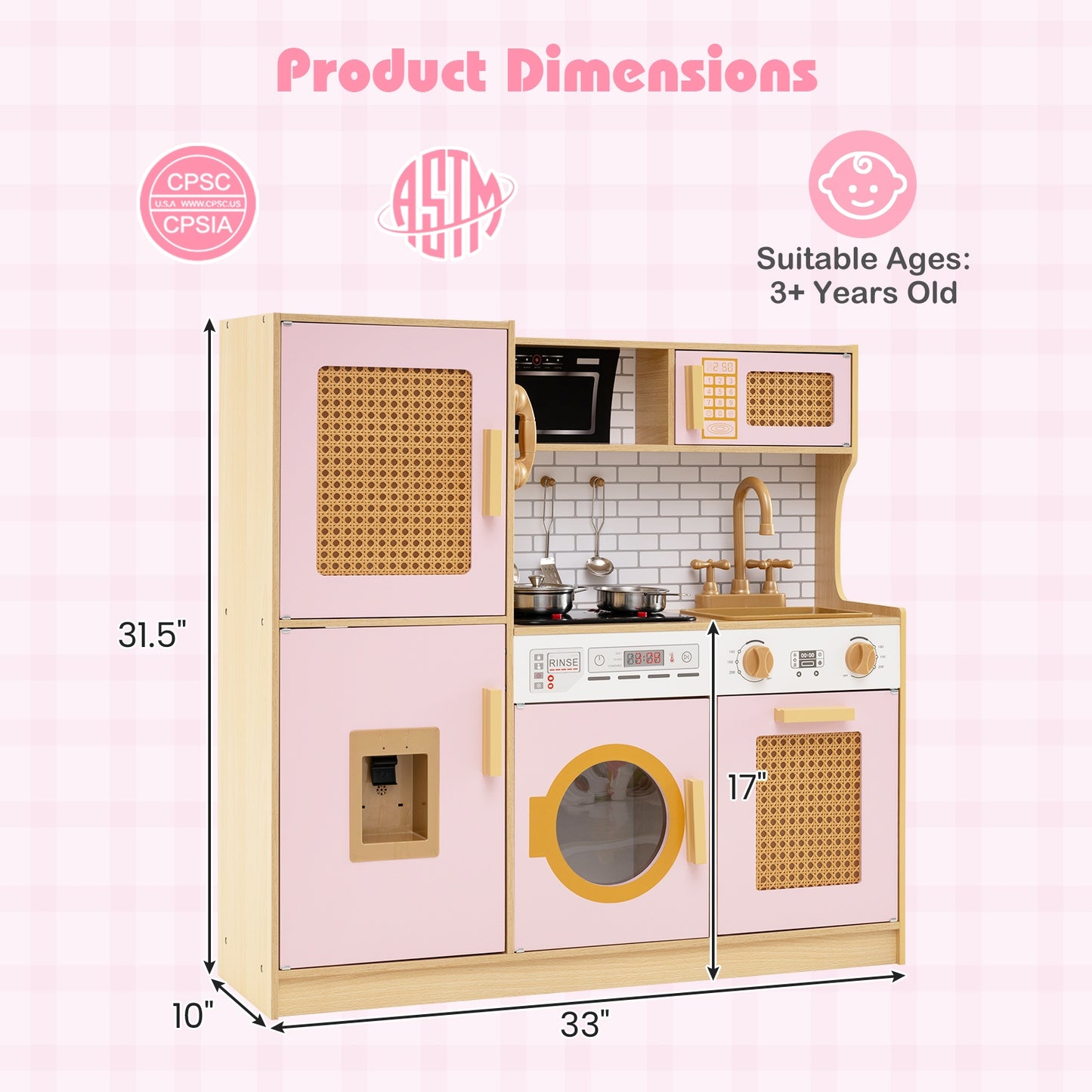 Kids Wooden Kitchen Playset with Realistic Lights and Sounds, Pink Play Kitchen Sets at Gallery Canada
