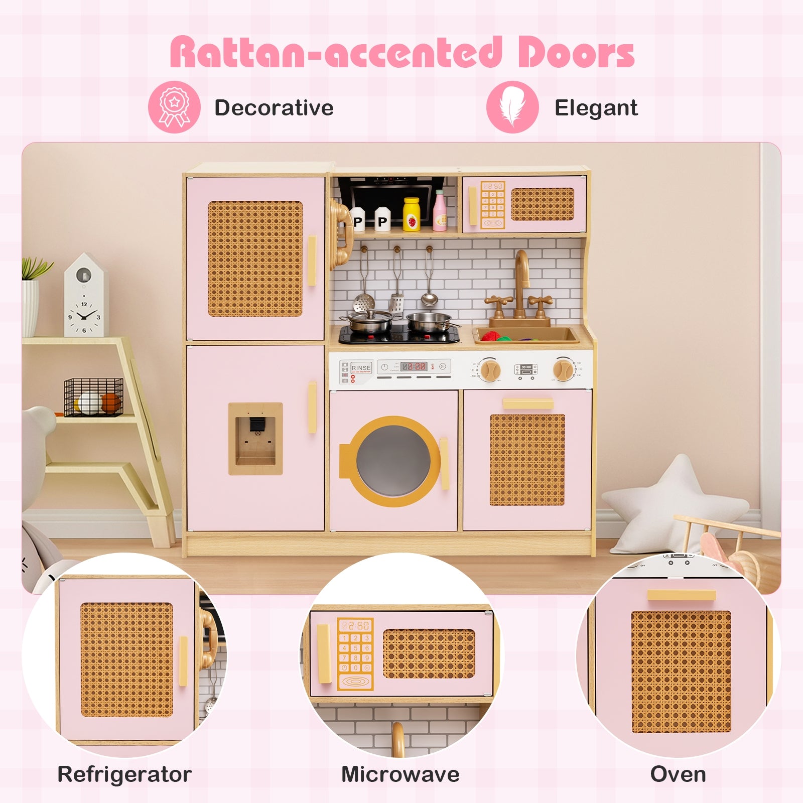 Kids Wooden Kitchen Playset with Realistic Lights and Sounds, Pink Play Kitchen Sets at Gallery Canada