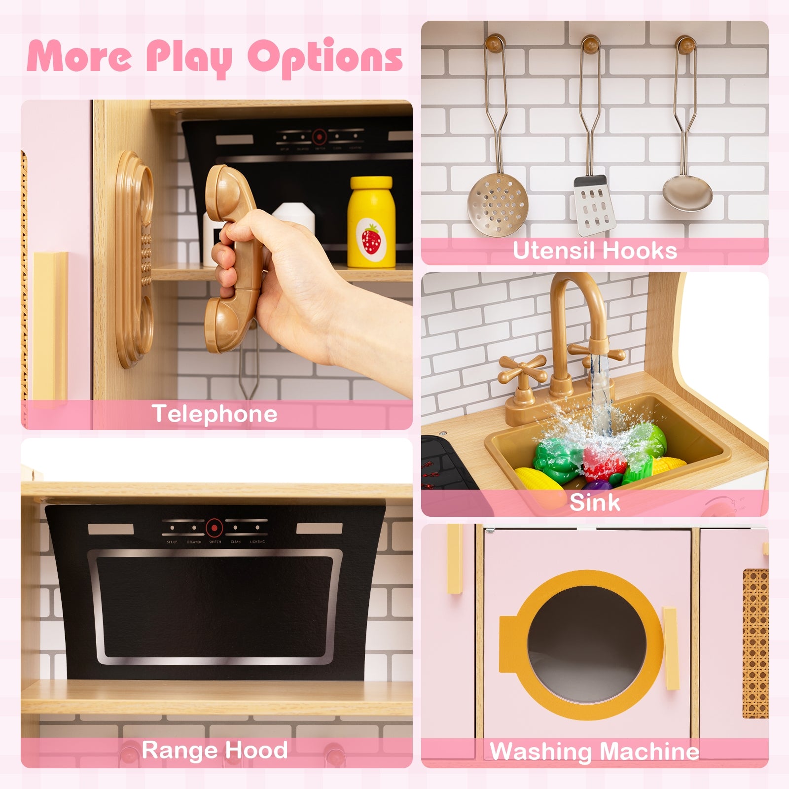 Kids Wooden Kitchen Playset with Realistic Lights and Sounds, Pink Play Kitchen Sets at Gallery Canada