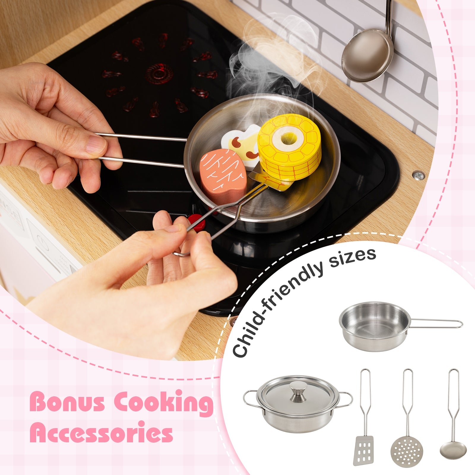 Kids Wooden Kitchen Playset with Realistic Lights and Sounds, Pink Play Kitchen Sets at Gallery Canada