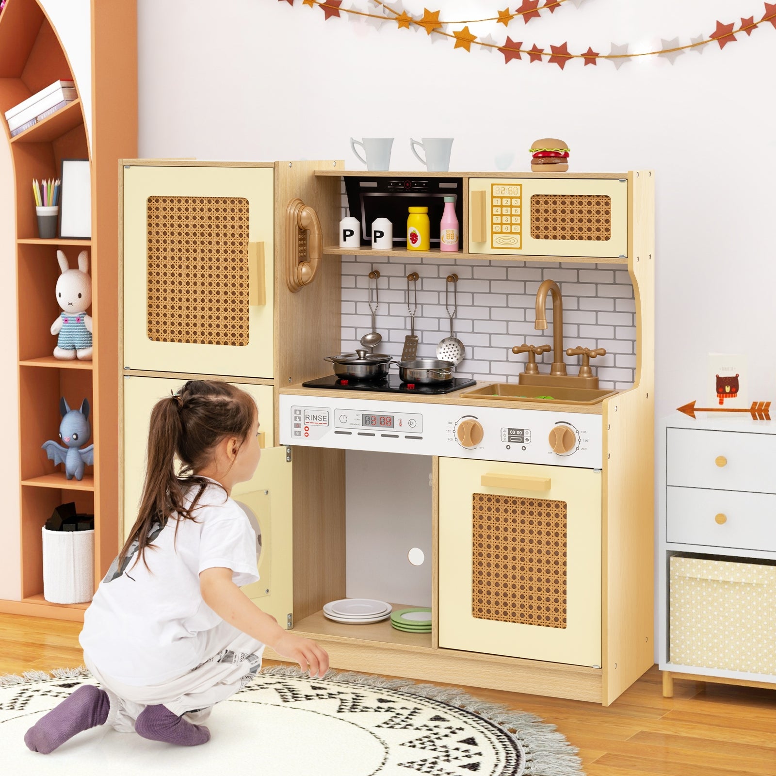Kids Wooden Kitchen Playset with Realistic Lights and Sounds, Yellow Play Kitchen Sets at Gallery Canada