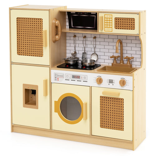 Kids Wooden Kitchen Playset with Realistic Lights and Sounds, Yellow
