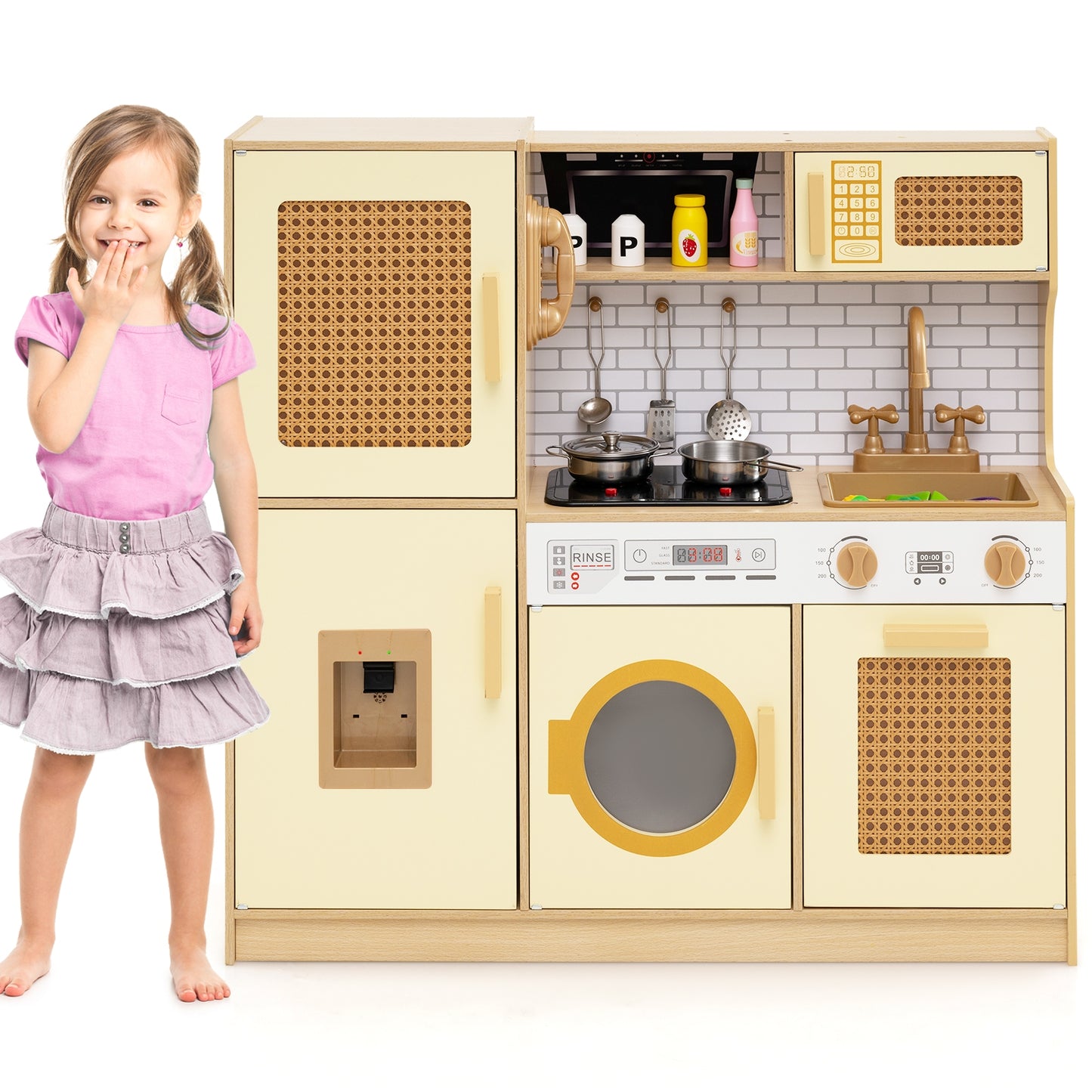 Kids Wooden Kitchen Playset with Realistic Lights and Sounds, Yellow Play Kitchen Sets at Gallery Canada