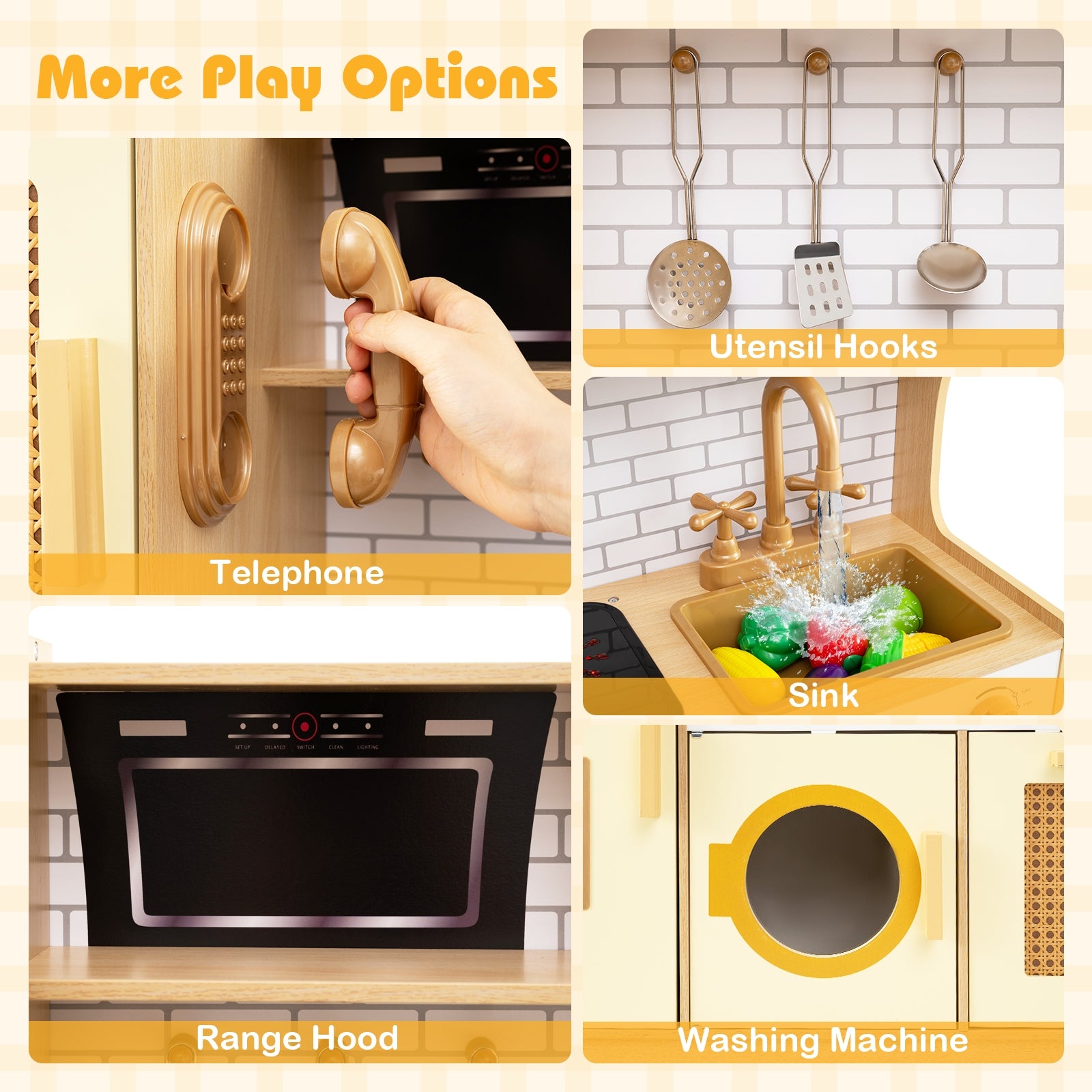 Kids Wooden Kitchen Playset with Realistic Lights and Sounds, Yellow Play Kitchen Sets at Gallery Canada