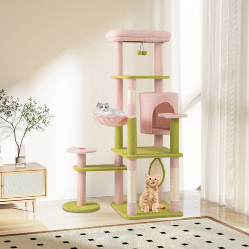 58 Inch Tall Multi-Level Cat Tree Aesthetic Floral Kitten Tower, Pink