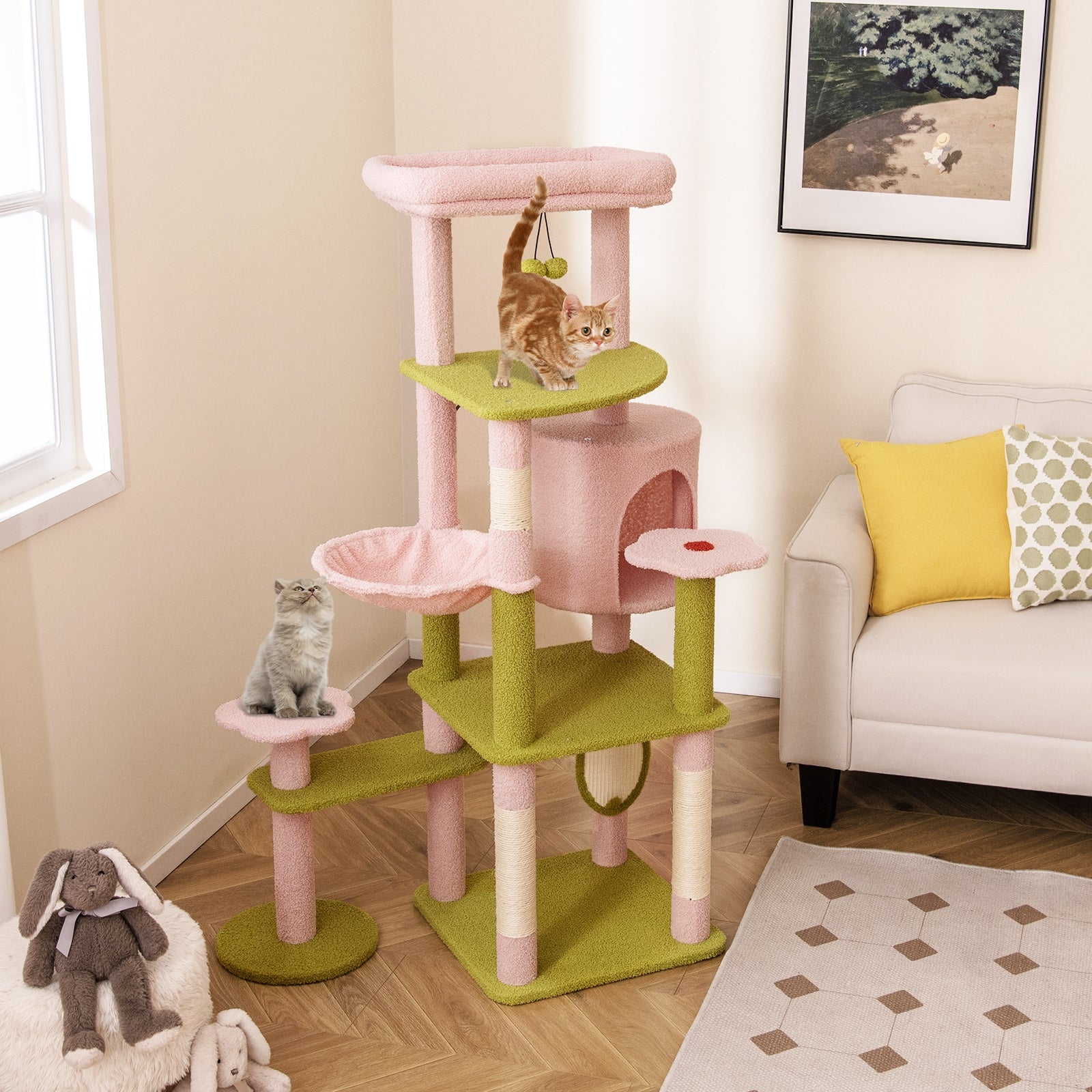 58 Inch Tall Multi-Level Cat Tree Aesthetic Floral Kitten Tower, Pink Cat Trees Condos & Scratchers at Gallery Canada