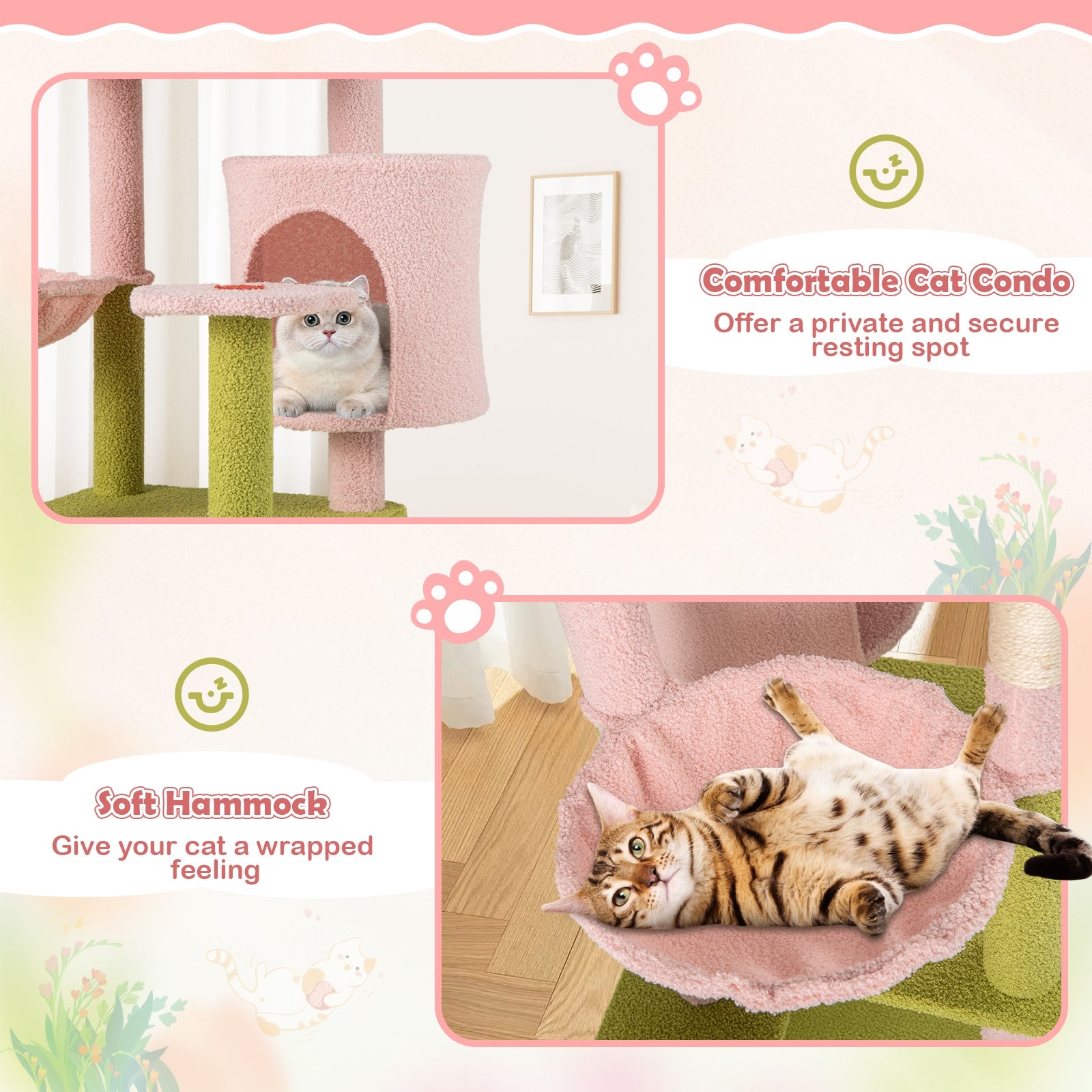 58 Inch Tall Multi-Level Cat Tree Aesthetic Floral Kitten Tower, Pink Cat Trees Condos & Scratchers at Gallery Canada