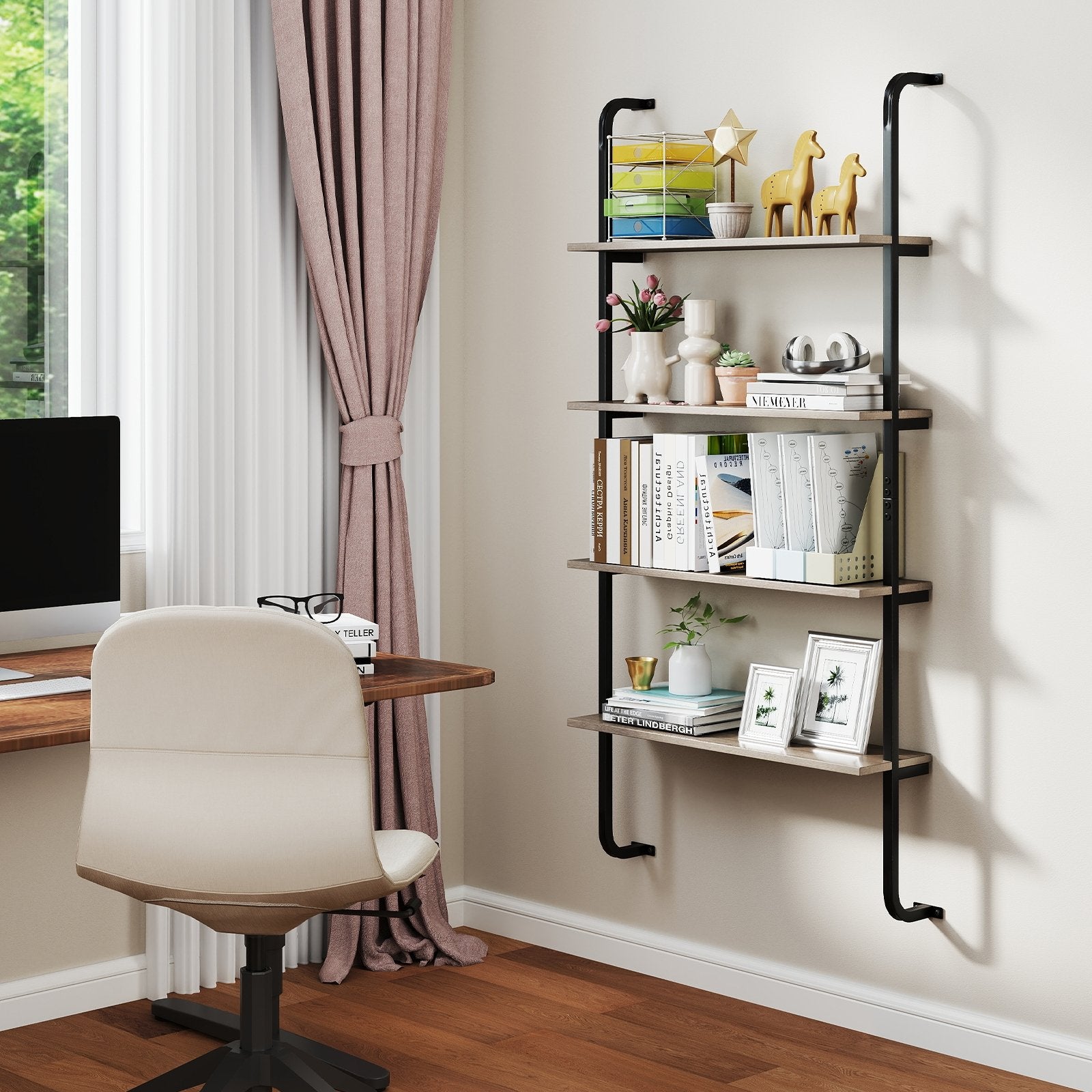 4-Tier Industrial Pipe Shelving with Metal Frame for Living Room Kitchen, Oak Bookcases at Gallery Canada