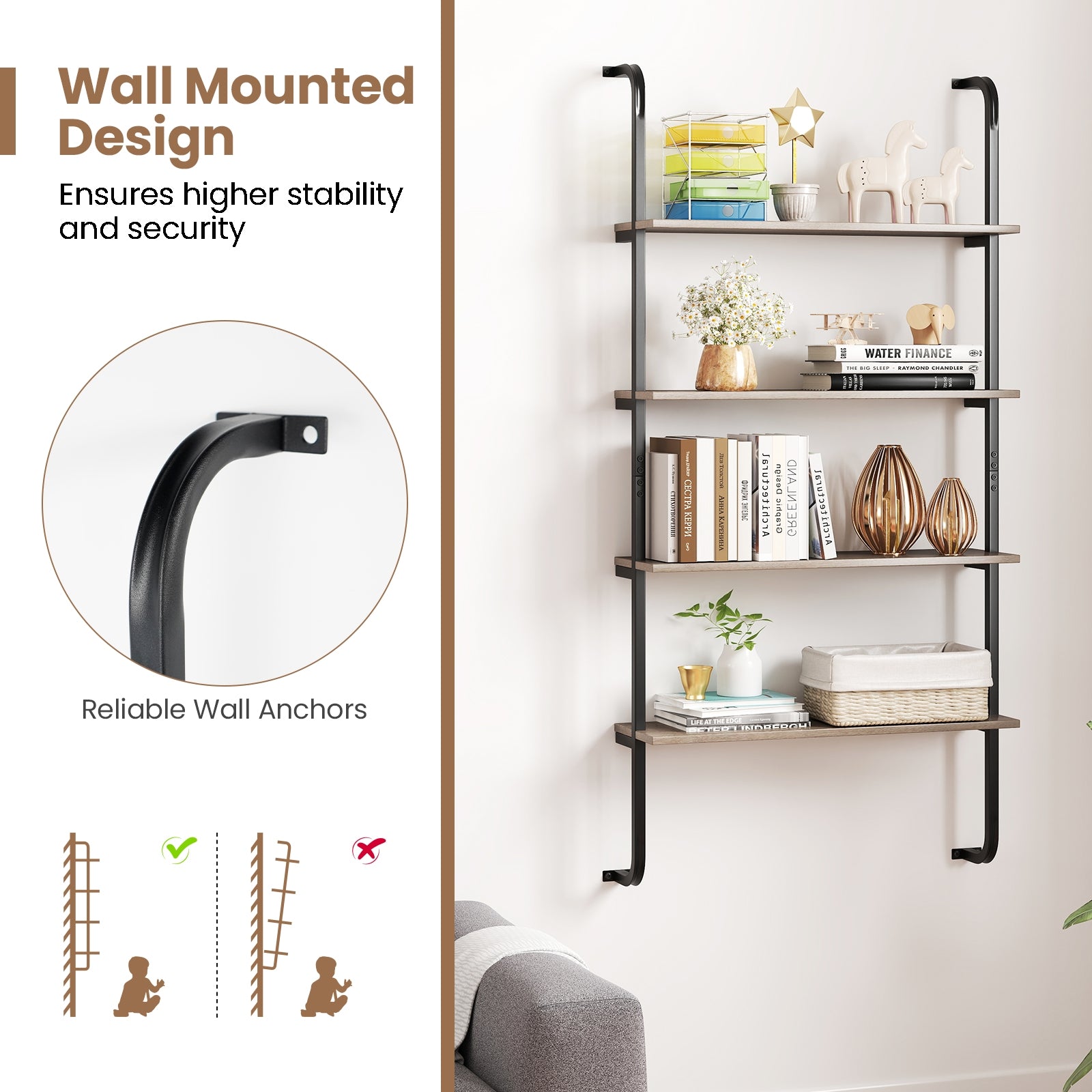 4-Tier Industrial Pipe Shelving with Metal Frame for Living Room Kitchen, Oak Bookcases at Gallery Canada