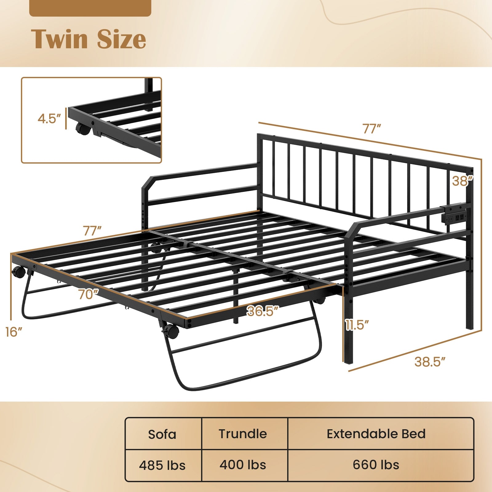 Adjustable Metal Twin Size Daybed with Charging Station and LED Light, Black Trundle Bed Frame at Gallery Canada