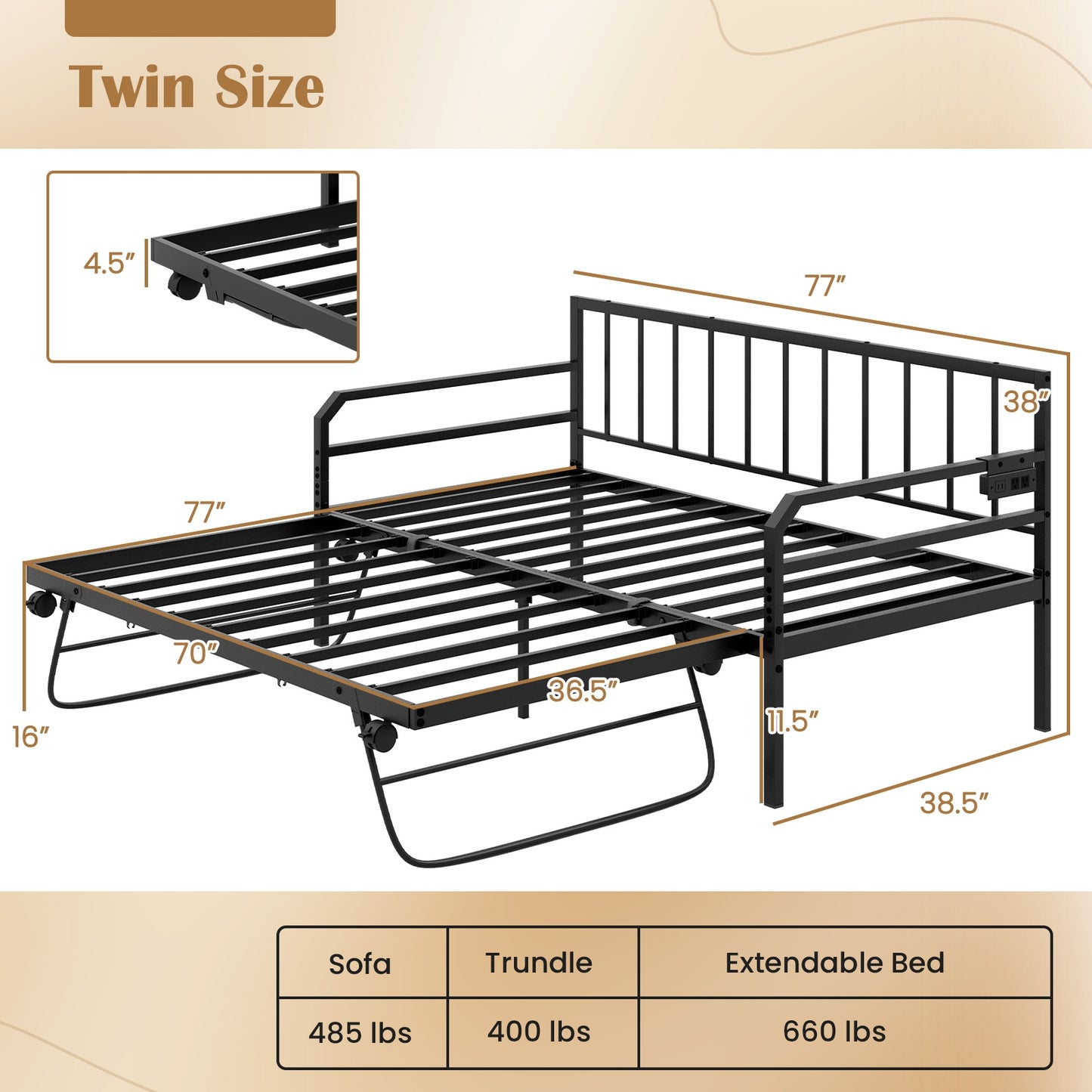 Adjustable Metal Twin Size Daybed with Charging Station and LED Light, Black Trundle Bed Frame at Gallery Canada