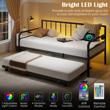 Adjustable Metal Twin Size Daybed with Charging Station and LED Light, Black Trundle Bed Frame at Gallery Canada
