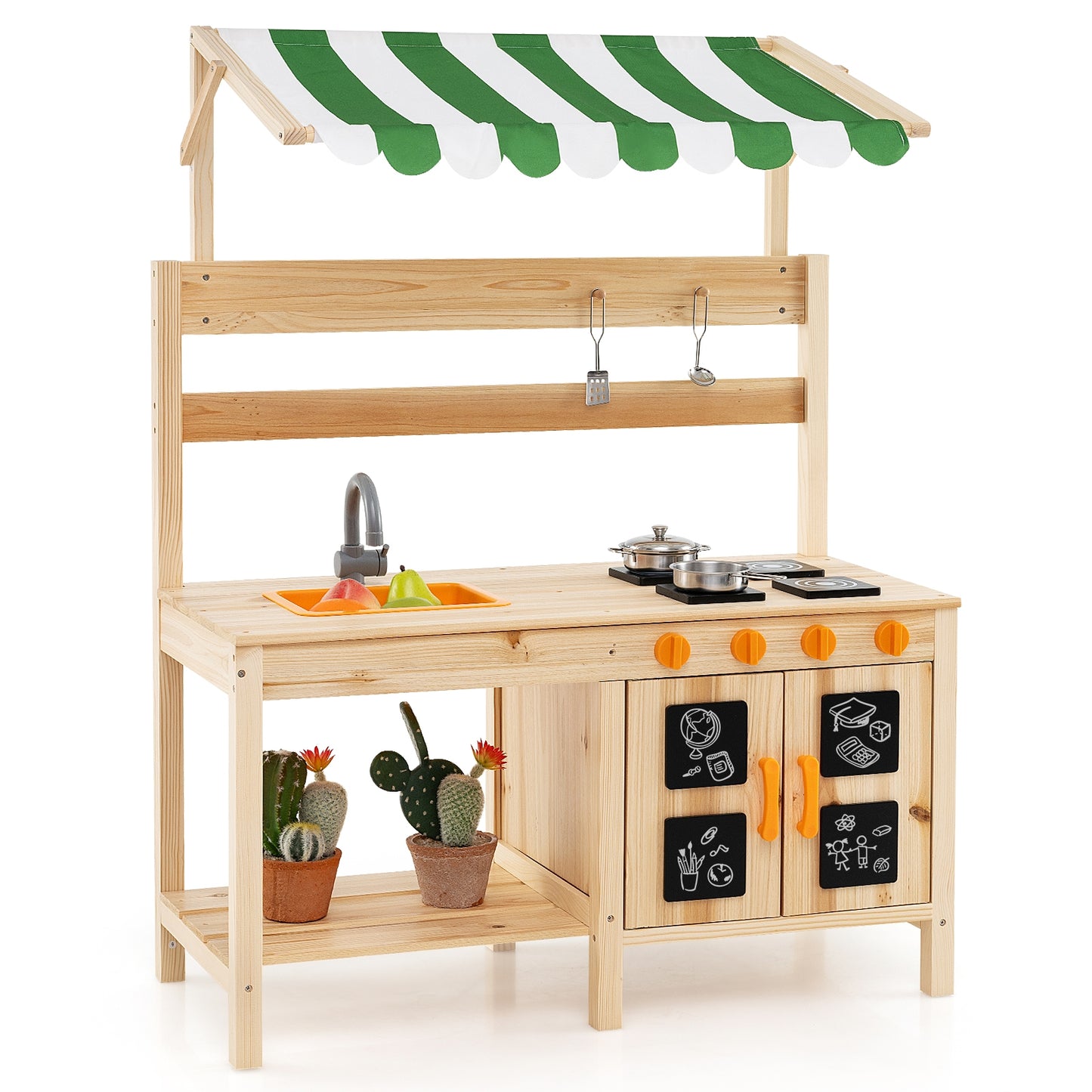 Fir Wood Mud Kitchen With Canopy, Sink, 4 Stoves, Natural Play Kitchen Sets Natural at Gallery Canada