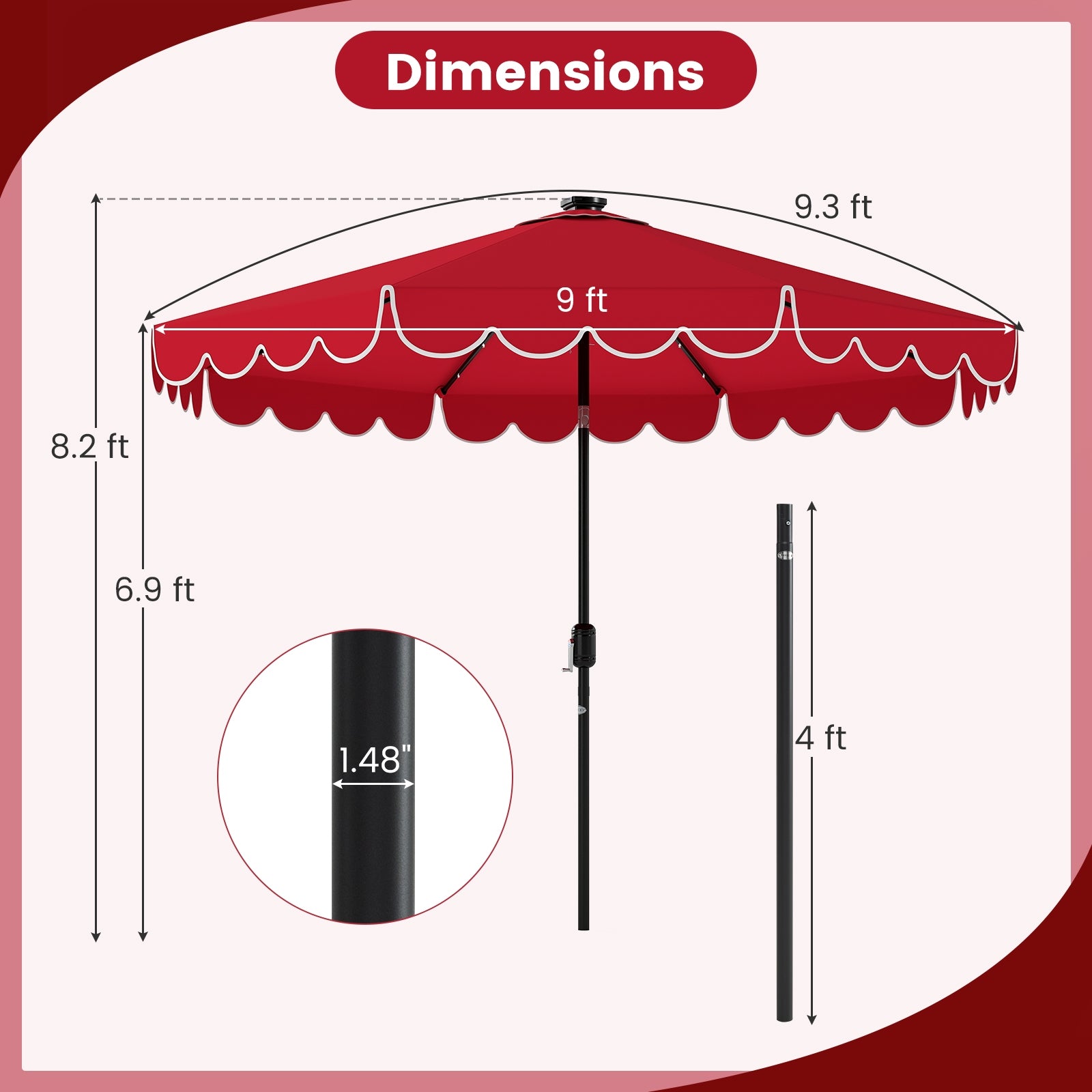 9.3 Feet Solar Patio Umbrella with 24 LED Lights Vented Top and Ruffles, Red Outdoor Umbrellas at Gallery Canada