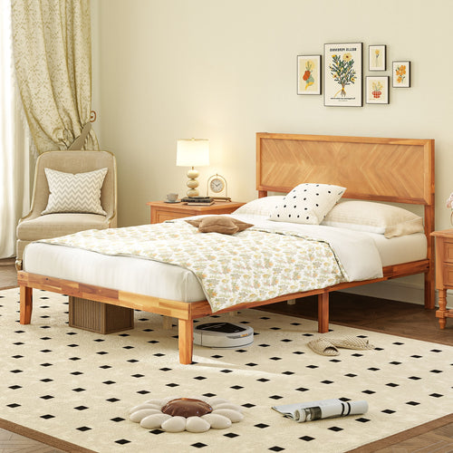 Twin/Full/Queen Size Bed Frame with Headboard and Storage Space-Full Size, Natural