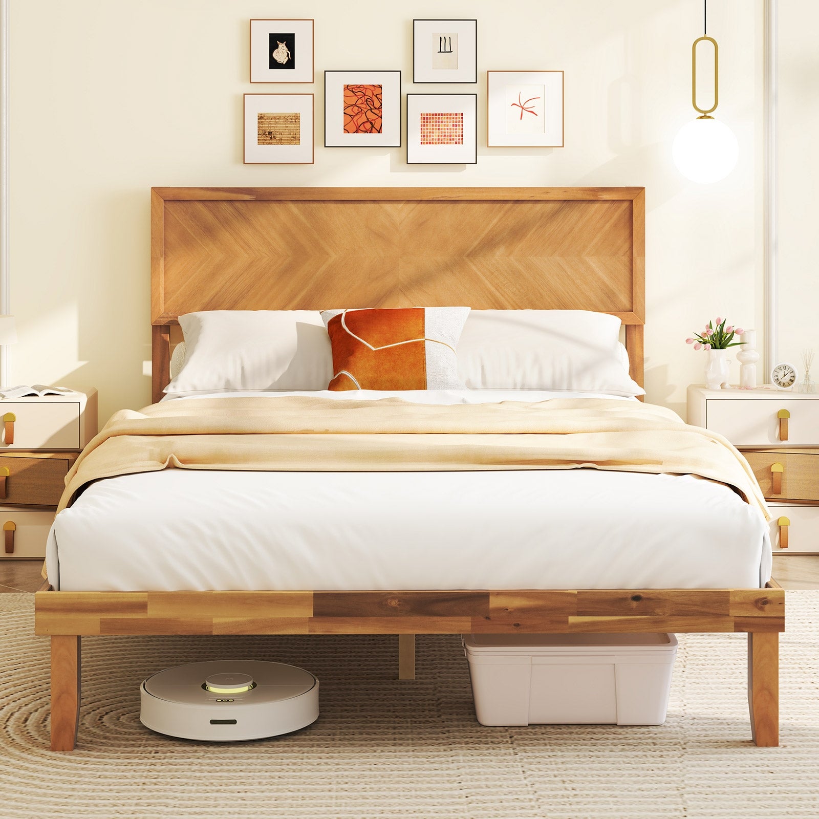 Twin/Full/Queen Size Bed Frame with Headboard and Storage Space-Full Size, Natural Simple Bed Frame at Gallery Canada