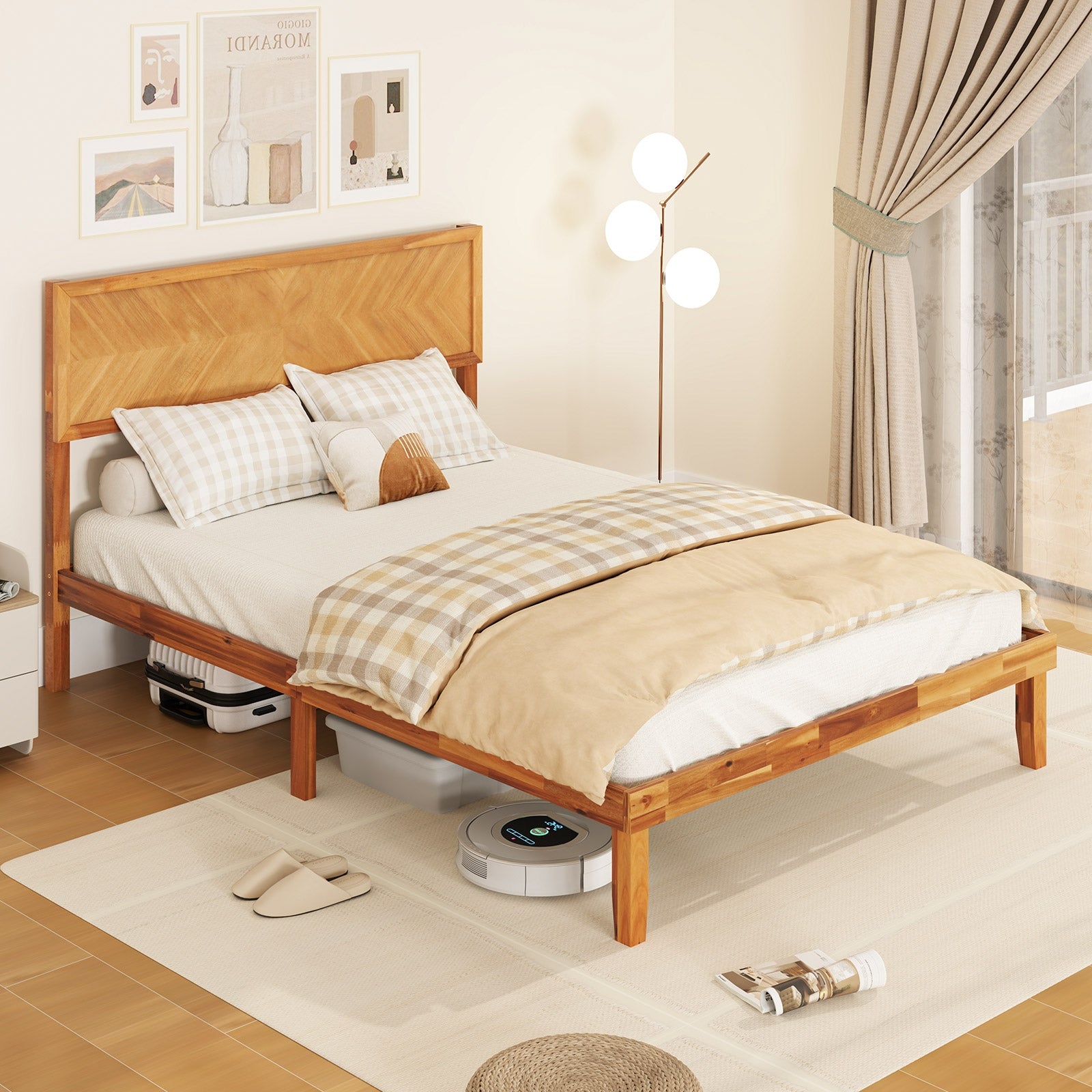 Twin/Full/Queen Size Bed Frame with Headboard and Storage Space-Full Size, Natural Simple Bed Frame at Gallery Canada