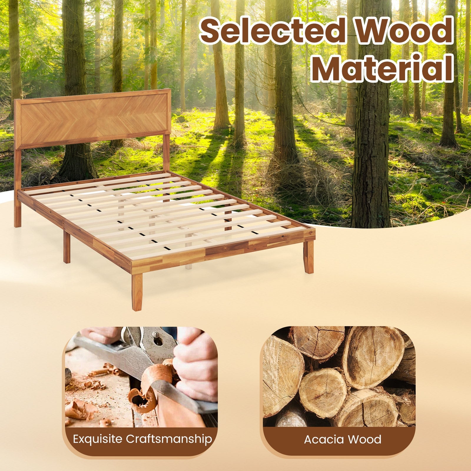 Twin/Full/Queen Size Bed Frame with Headboard and Storage Space-Full Size, Natural Simple Bed Frame at Gallery Canada