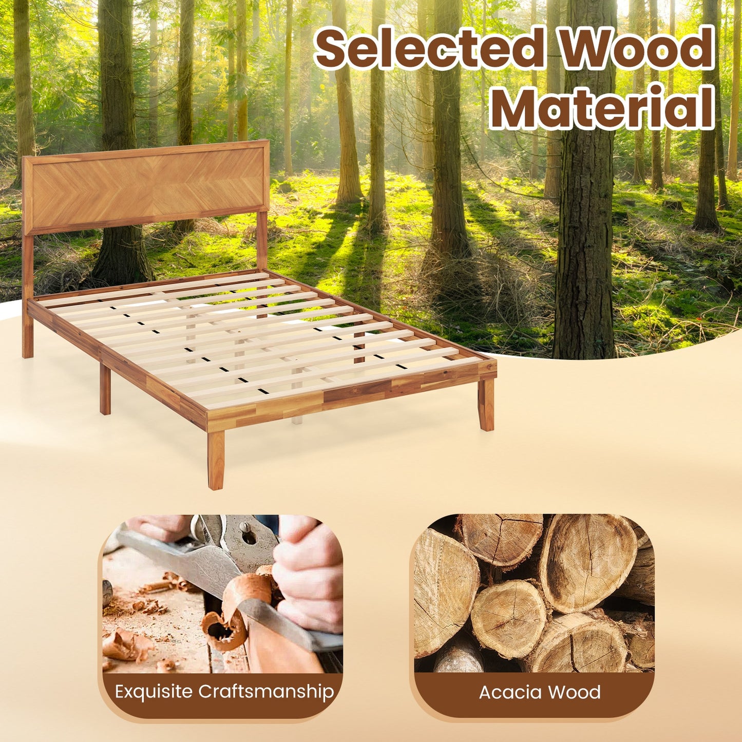 Twin/Full/Queen Size Bed Frame with Headboard and Storage Space-Full Size, Natural Simple Bed Frame at Gallery Canada