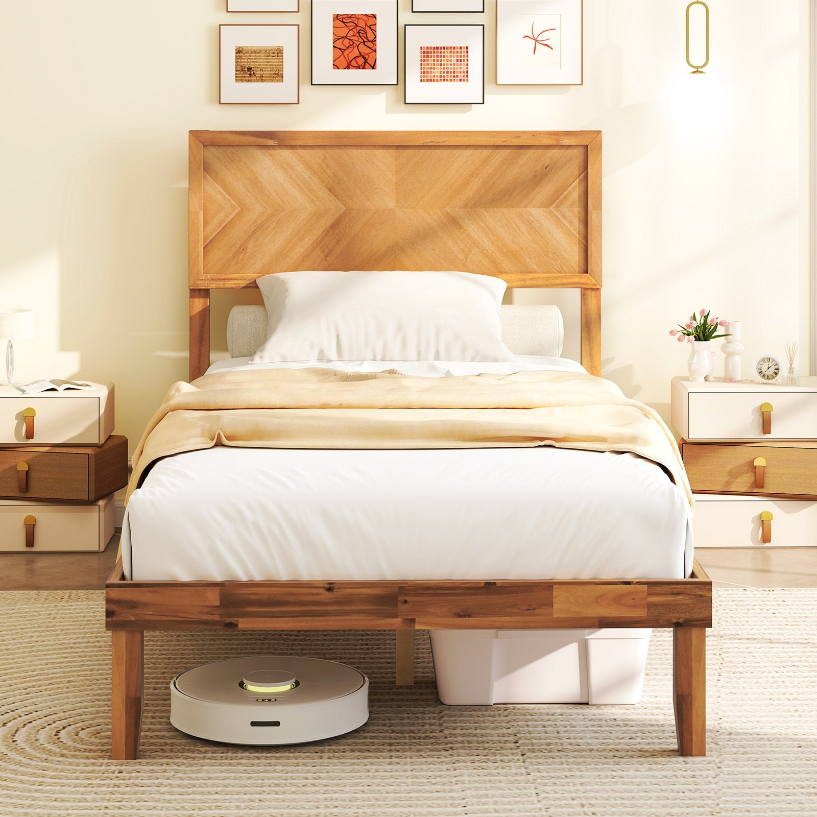 Twin/Full/Queen Size Bed Frame with Headboard and Storage Space-Twin Size, Natural Simple Bed Frame at Gallery Canada