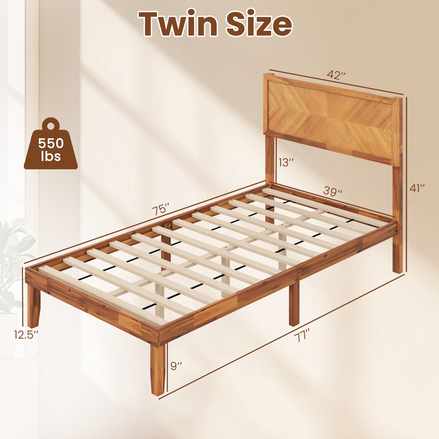 Twin/Full/Queen Size Bed Frame with Headboard and Storage Space-Twin Size, Natural Simple Bed Frame at Gallery Canada