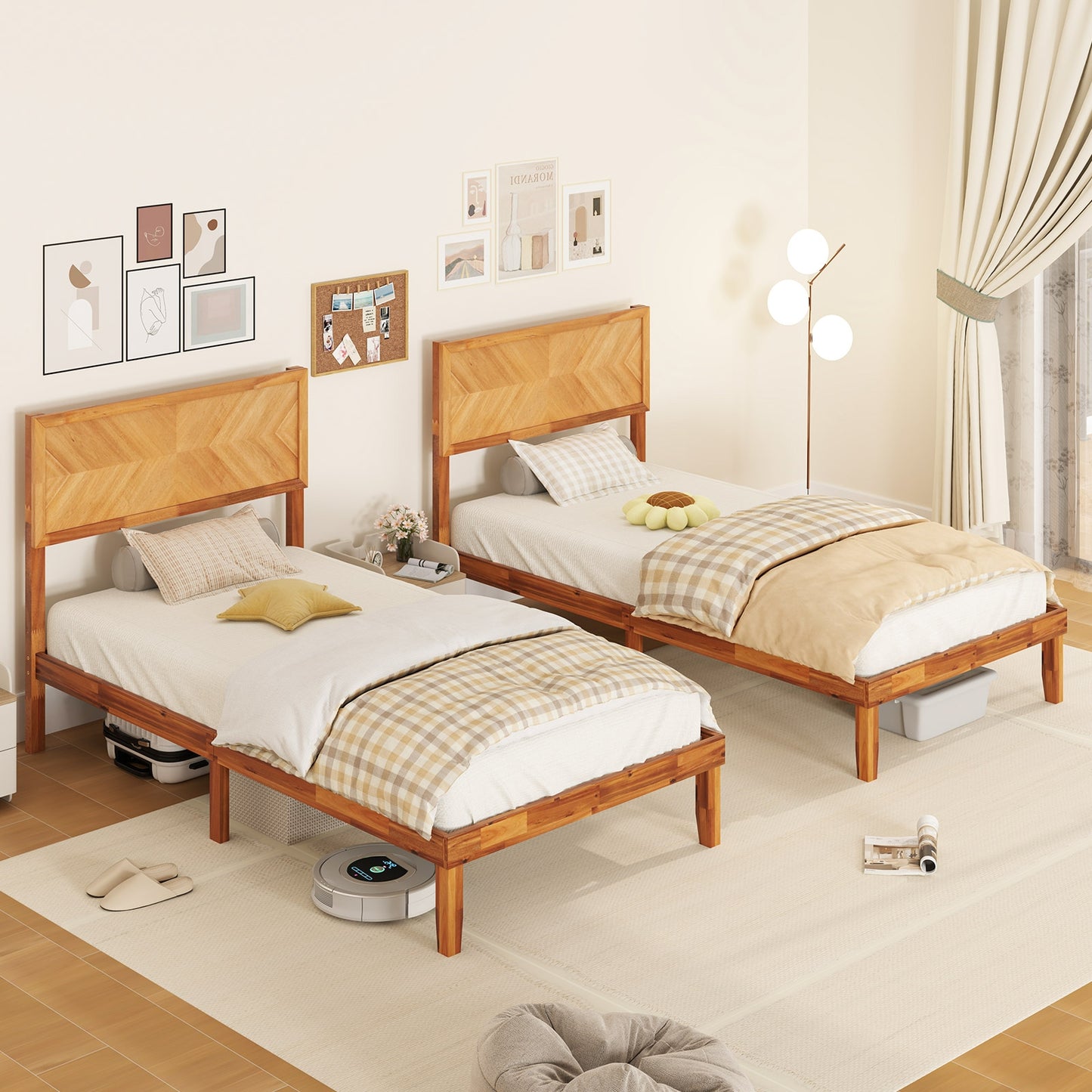 Twin/Full/Queen Size Bed Frame with Headboard and Storage Space-Twin Size, Natural Simple Bed Frame at Gallery Canada