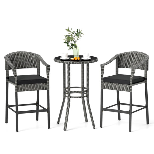3-Piece Patio Rattan Bar Set, Tempered Glass Top, Gray Patio Bar Furniture Gray at Gallery Canada