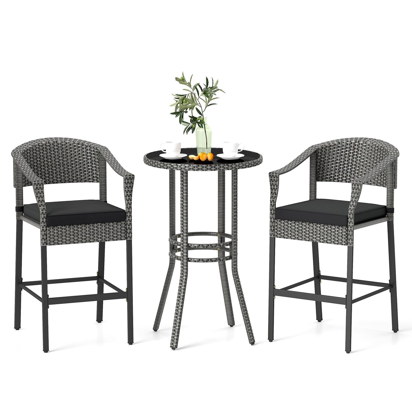 3-Piece Patio Rattan Bar Set with Tempered Glass Top for Backyard Poolside, Gray Patio Bar Furniture at Gallery Canada