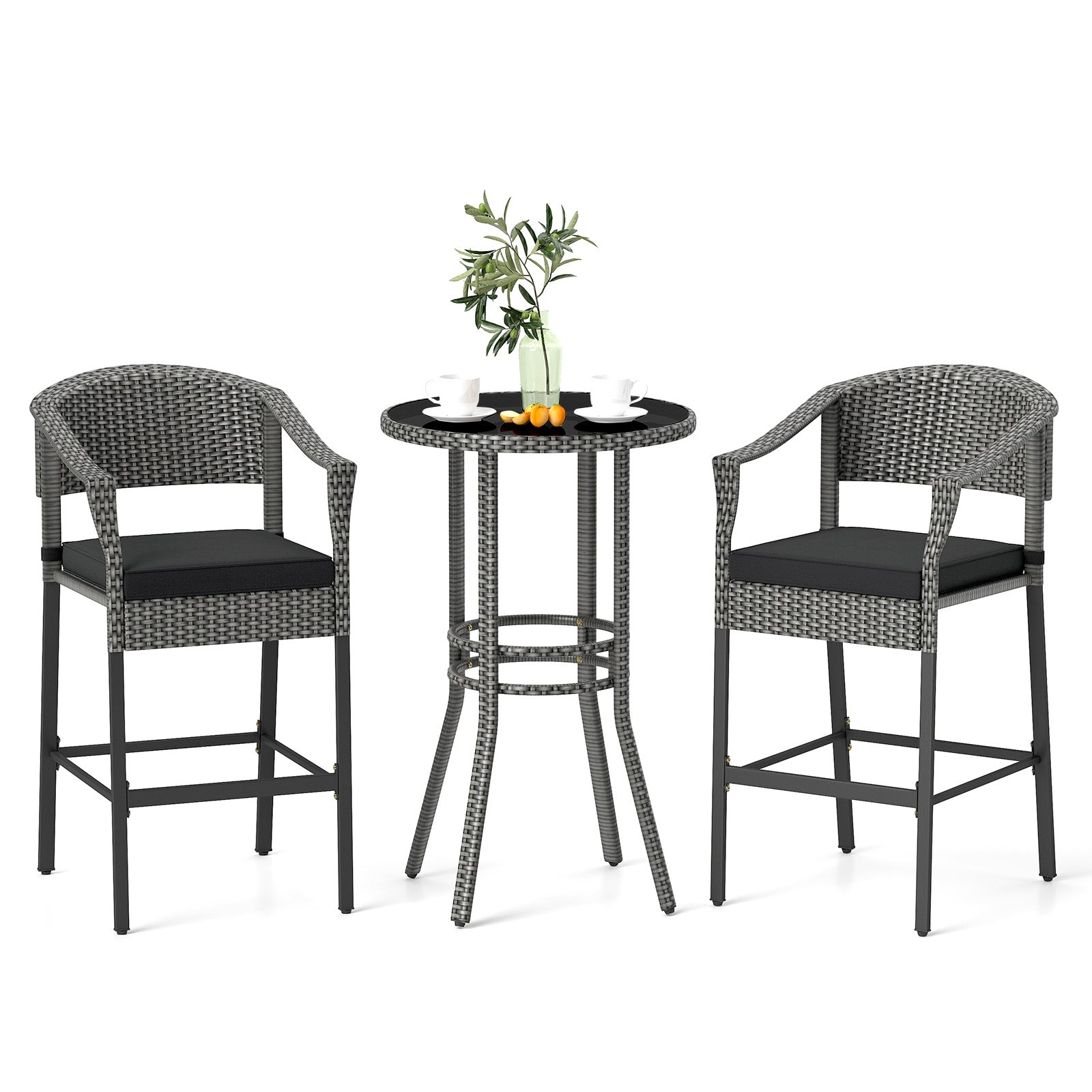 3-Piece Patio Rattan Bar Set with Tempered Glass Top for Backyard Poolside, Gray Patio Bar Furniture at Gallery Canada