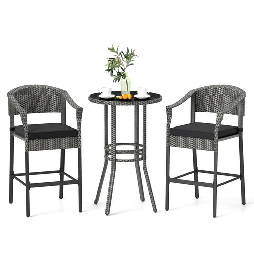 3-Piece Patio Rattan Bar Set, Tempered Glass Top, Gray