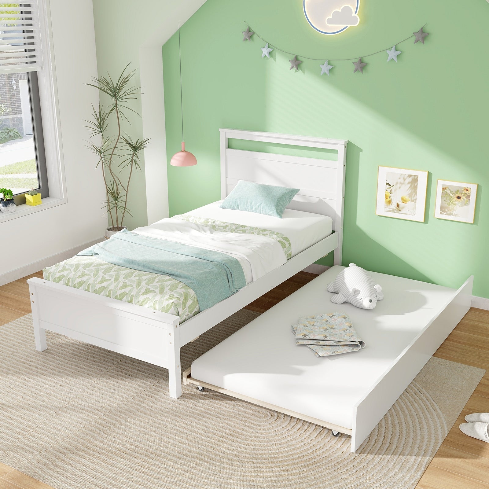 Twin Size Wooden Bed Frame with Trundle for Teens and Adults, White Trundle Bed Frame at Gallery Canada