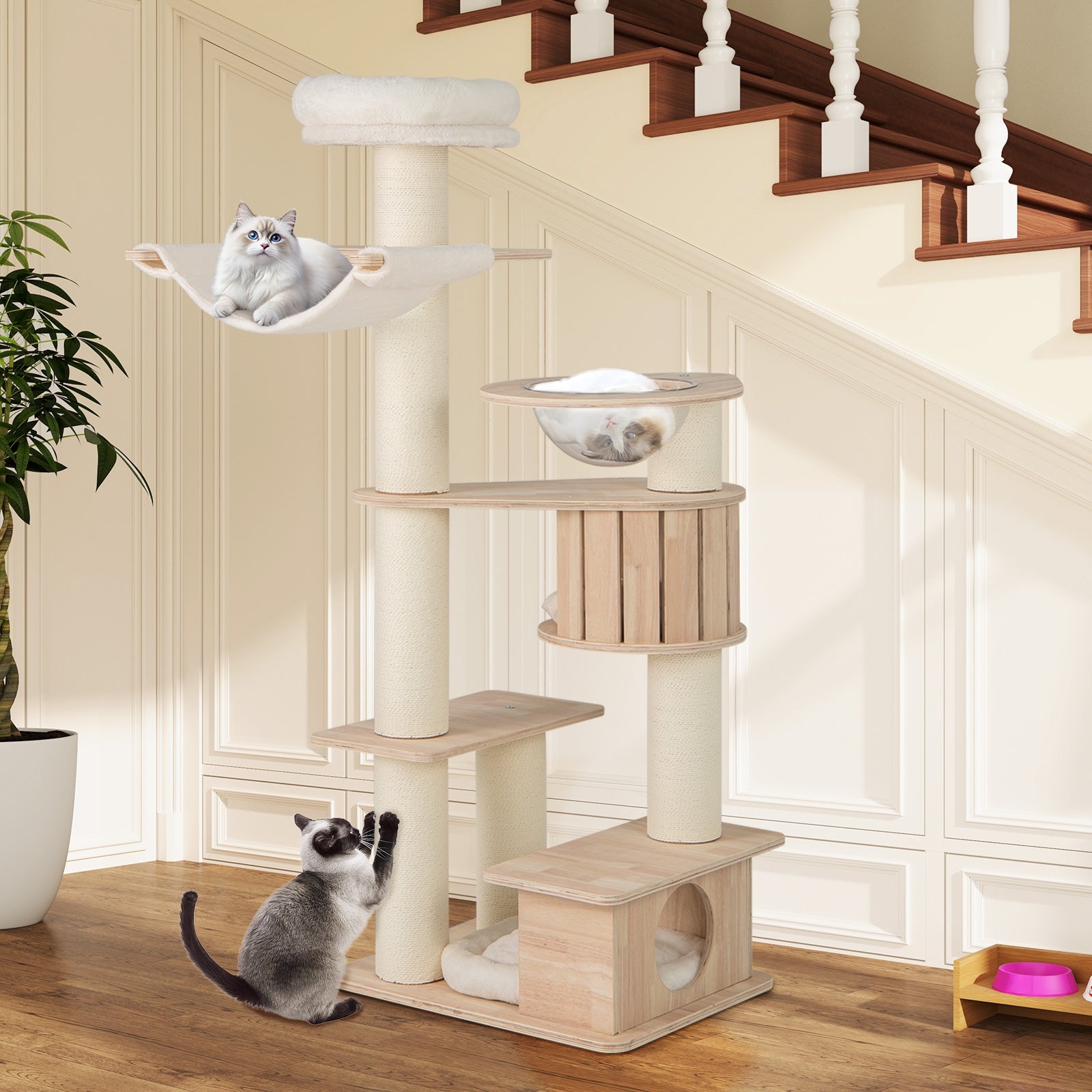 69 Inches Tall Cat Tree with Cozy Top Perch and Washable Plush Cushions, Natural Cat Trees Condos & Scratchers at Gallery Canada