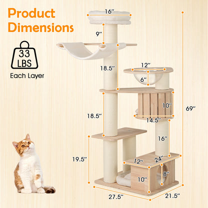 69 Inches Tall Cat Tree with Cozy Top Perch and Washable Plush Cushions, Natural Cat Trees Condos & Scratchers at Gallery Canada