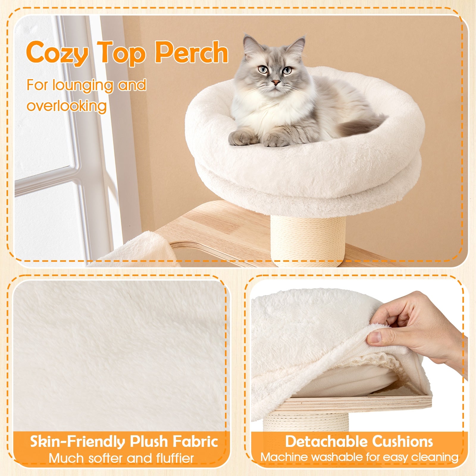 69 Inches Tall Cat Tree with Cozy Top Perch and Washable Plush Cushions, Natural Cat Trees Condos & Scratchers at Gallery Canada