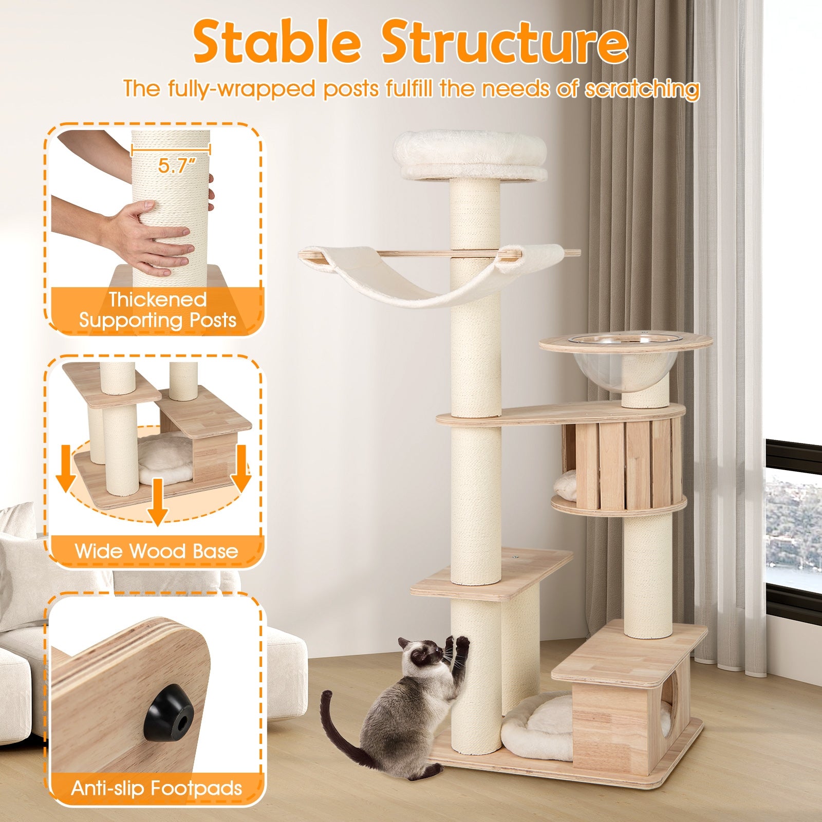 69 Inches Tall Cat Tree with Cozy Top Perch and Washable Plush Cushions, Natural Cat Trees Condos & Scratchers at Gallery Canada