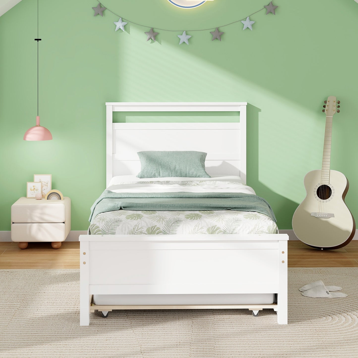 Cadre de lit en bois jumeau avec lit roulant, blanc