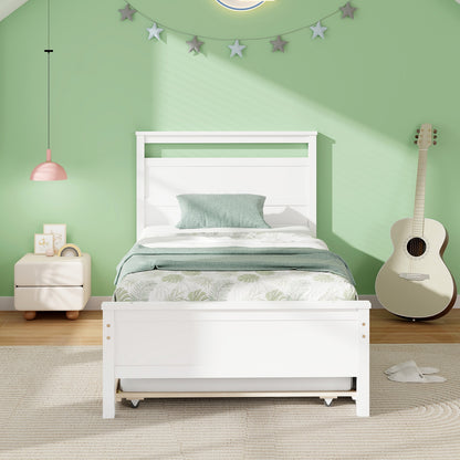 Cadre de lit en bois jumeau avec lit roulant, blanc