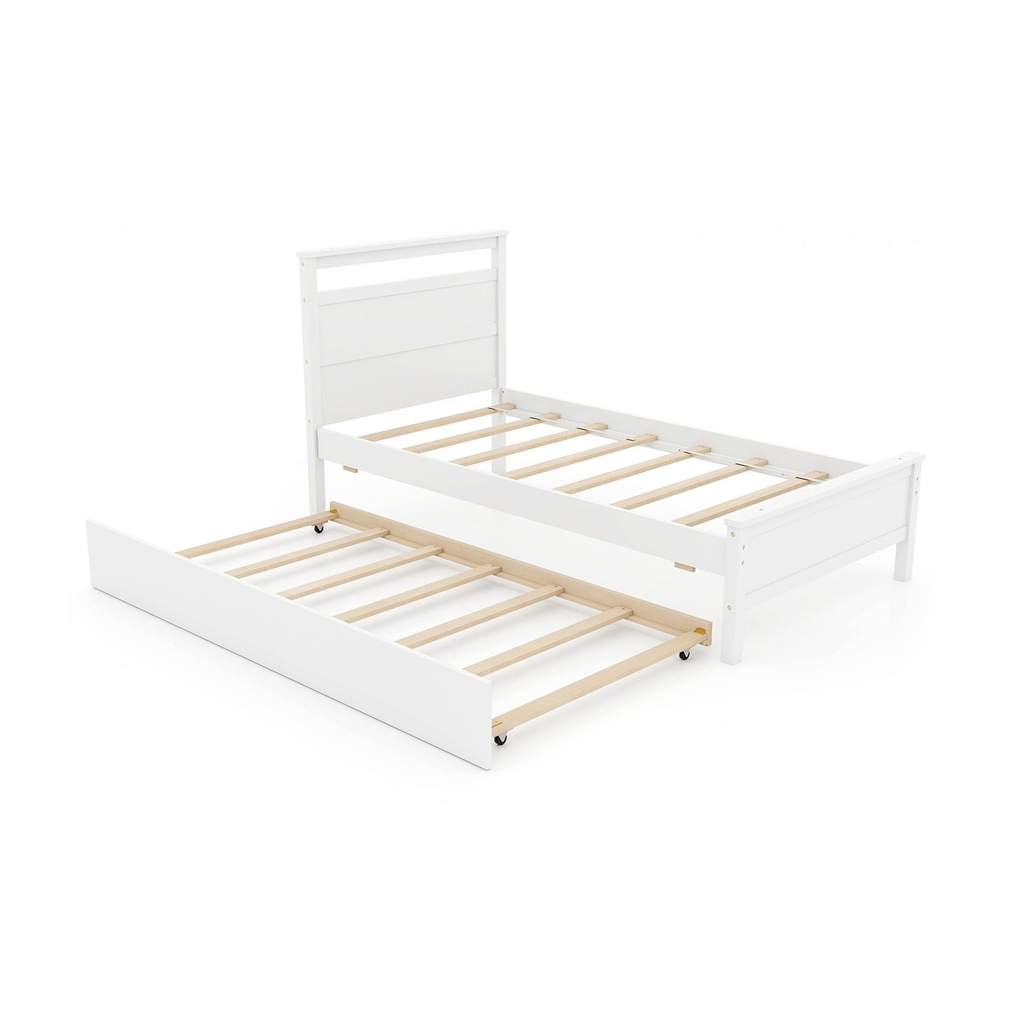 Cadre de lit en bois jumeau avec lit roulant, blanc