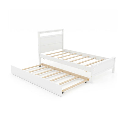 Cadre de lit en bois jumeau avec lit roulant, blanc