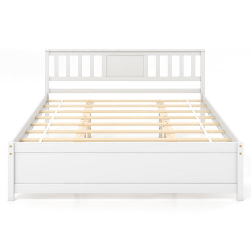 Wooden Platform Bed with Headboard and Wood Slat Support White-Queen Size, White