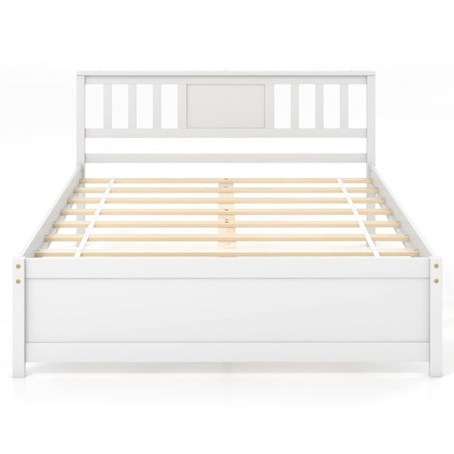 Wooden Platform Bed with Headboard and Wood Slat Support White-Full Size, White